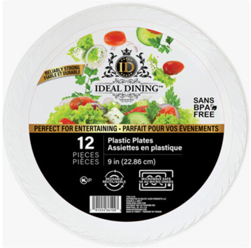 IDEAL DINING PLASTIC PLATE 9" 12CT WHITE (SKU #11530)